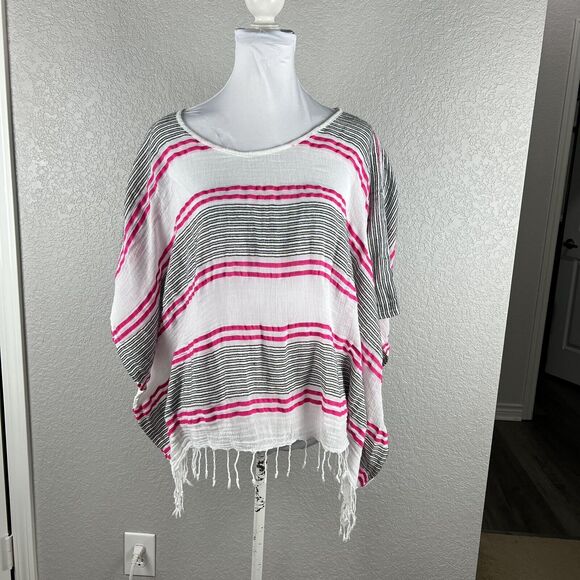 Fresh Produce Size L Gauze Fringed Poncho Blouse Cover Up Striped - Picture 2 of 6